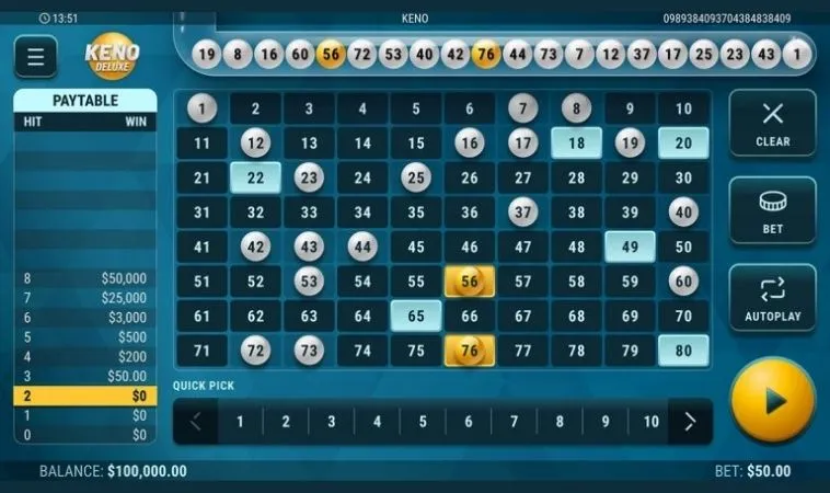 Giao diện chơi game nhanh Keno tại K9WIN